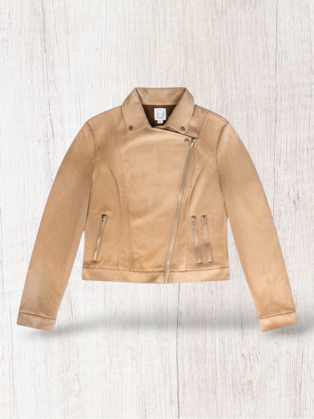 Blue Rain Jacket Tan Moto Faux Suede Asymmetrical Zip Bikercore Western Boho M